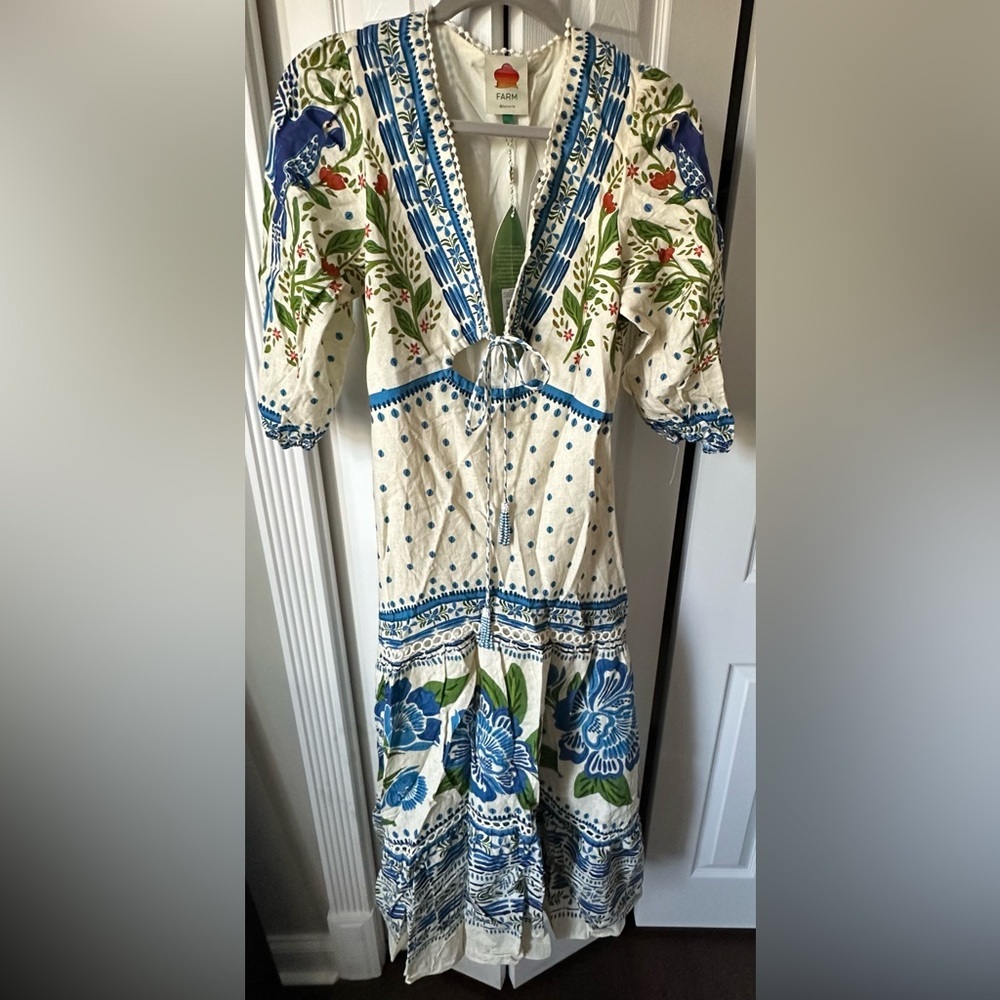 Farm Rio Macaw Flight Maxi Dress Off White Blue Floral NWT Size S - Picture 7 of 16